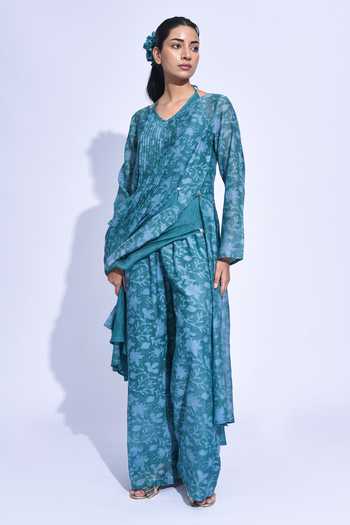 Buy_Jayati Goenka_Blue Chanderi Silk Halter Neck Mori Layered Kurta Set _Online_at_Aza_Fashions