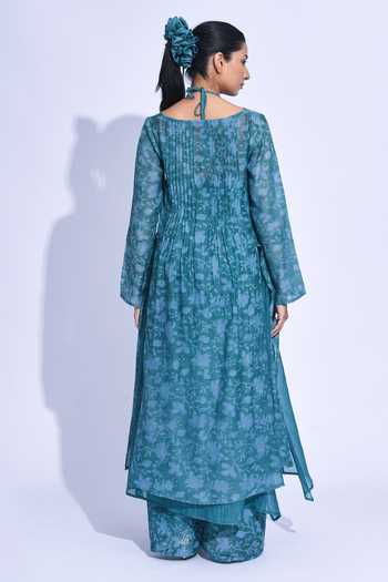 Shop_Jayati Goenka_Blue Chanderi Silk Halter Neck Mori Layered Kurta Set _at_Aza_Fashions