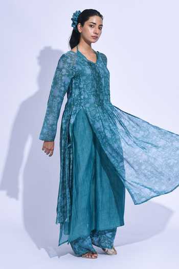 Shop_Jayati Goenka_Blue Chanderi Silk Halter Neck Mori Layered Kurta Set _Online_at_Aza_Fashions