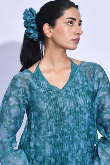 Shop_Jayati Goenka_Blue Chanderi Silk Halter Neck Mori Layered Kurta Set 