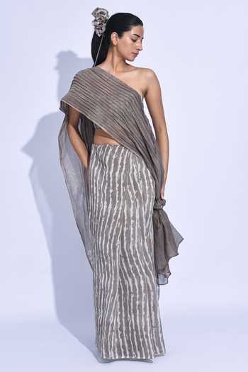 Jayati Goenka_Grey Chanderi Silk Nami Sari-ash Shima Saree _at_Aza_Fashions