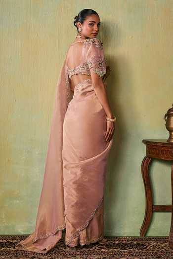 Seema Thukral_Rose Gold Satin, Tissue Sweetheart Neck Eve Lining Saree And Blouse Set _Online_at_Aza_Fashions