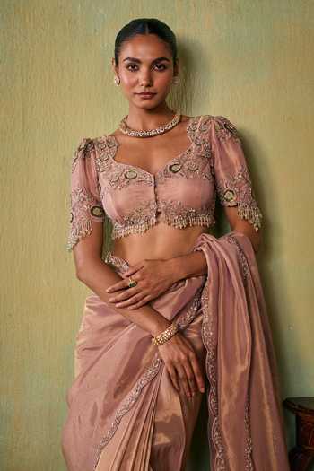 Buy_Seema Thukral_Rose Gold Satin, Tissue Sweetheart Neck Eve Lining Saree And Blouse Set _Online_at_Aza_Fashions