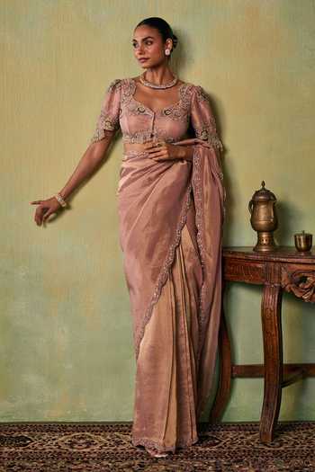 Shop_Seema Thukral_Rose Gold Satin, Tissue Sweetheart Neck Eve Lining Saree And Blouse Set _Online_at_Aza_Fashions