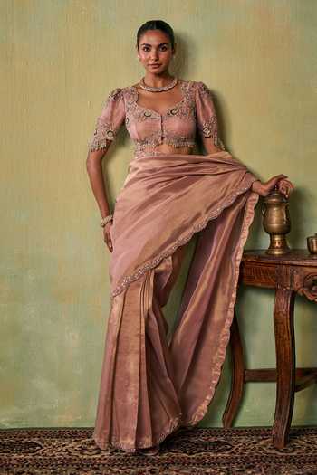 Seema Thukral_Rose Gold Satin, Tissue Sweetheart Neck Eve Lining Saree And Blouse Set _at_Aza_Fashions