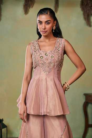 Buy_Seema Thukral_Rose Gold Satin, Tissue Scoop Neck Mila Embellished Top And Sharara Set _Online_at_Aza_Fashions