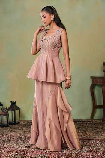 Buy_Seema Thukral_Rose Gold Satin, Tissue Scoop Neck Mila Embellished Top And Sharara Set _at_Aza_Fashions