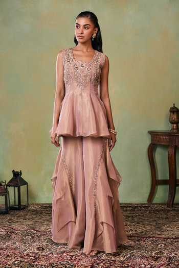 Shop_Seema Thukral_Rose Gold Satin, Tissue Scoop Neck Mila Embellished Top And Sharara Set _Online_at_Aza_Fashions