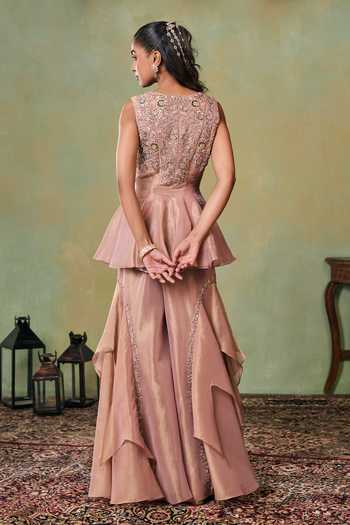 Seema Thukral_Rose Gold Satin, Tissue Scoop Neck Mila Embellished Top And Sharara Set _Online_at_Aza_Fashions