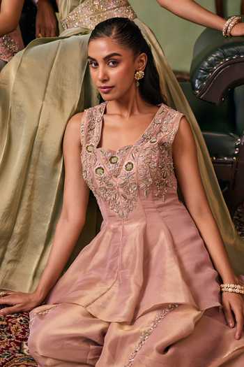 Buy_Seema Thukral_Rose Gold Satin, Tissue Scoop Neck Mila Embellished Top And Sharara Set 