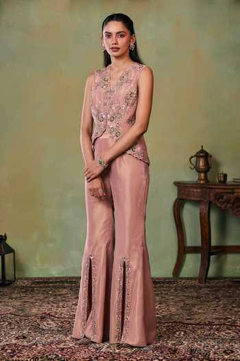 Buy_Seema Thukral_Rose Gold Satin, Tissue V-neck Carolina Short Jacket And Pant Set _Online_at_Aza_Fashions