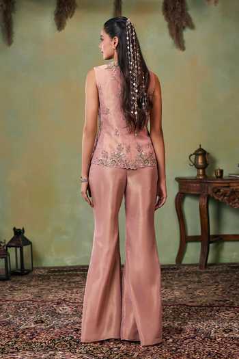 Shop_Seema Thukral_Rose Gold Satin, Tissue V-neck Carolina Short Jacket And Pant Set _at_Aza_Fashions