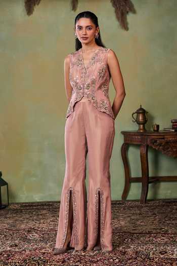 Buy_Seema Thukral_Rose Gold Satin, Tissue V-neck Carolina Short Jacket And Pant Set _at_Aza_Fashions