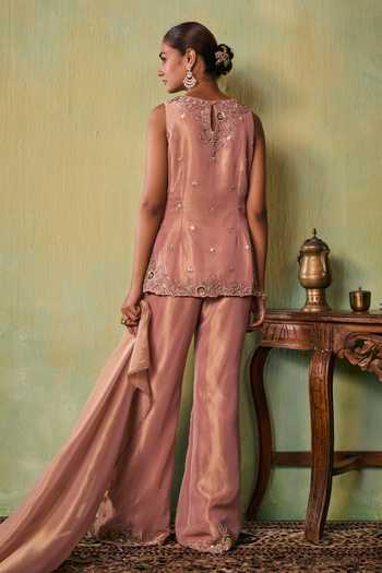 Seema Thukral_Rose Gold Satin, Tissue Round Neck Aria Kurta Set _Online_at_Aza_Fashions