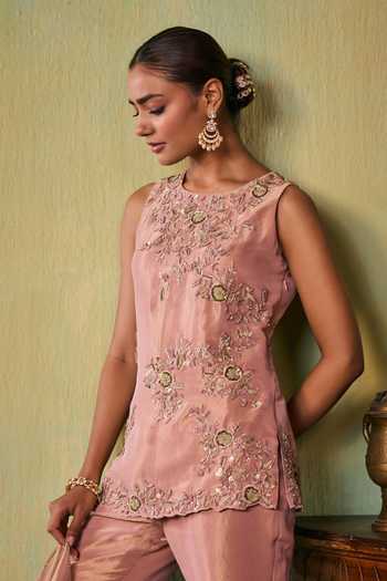 Shop_Seema Thukral_Rose Gold Satin, Tissue Round Neck Aria Kurta Set _Online_at_Aza_Fashions