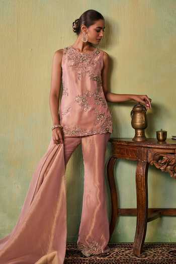 Seema Thukral_Rose Gold Satin, Tissue Round Neck Aria Kurta Set _at_Aza_Fashions