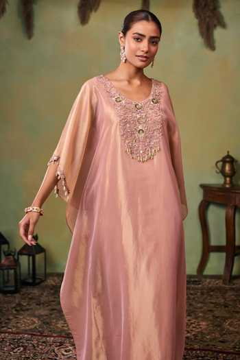 Seema Thukral_Rose Gold Satin, Tissue Scoop Neck Grace Kaftan And Pant Set _Online_at_Aza_Fashions
