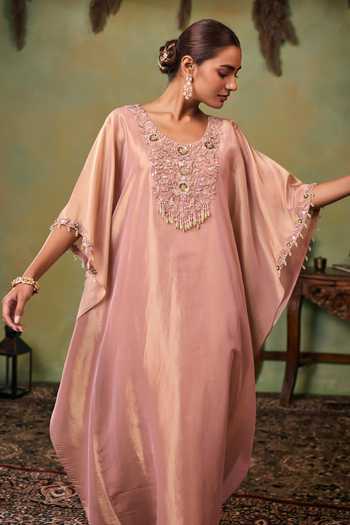 Buy_Seema Thukral_Rose Gold Satin, Tissue Scoop Neck Grace Kaftan And Pant Set _Online_at_Aza_Fashions