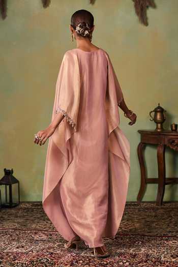 Shop_Seema Thukral_Rose Gold Satin, Tissue Scoop Neck Grace Kaftan And Pant Set _at_Aza_Fashions