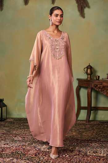 Shop_Seema Thukral_Rose Gold Satin, Tissue Scoop Neck Grace Kaftan And Pant Set _Online_at_Aza_Fashions