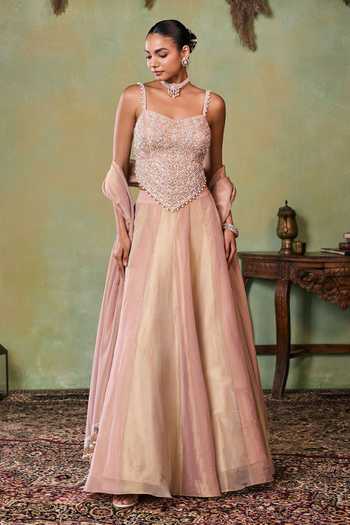 Shop_Seema Thukral_Gold Satin, Tissue Sweetheart Neck Morgan Hand Work Embellished Choli Set 