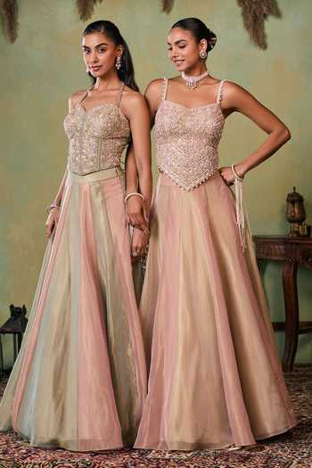 Seema Thukral_Gold Satin, Tissue Sweetheart Neck Morgan Hand Work Embellished Choli Set _Online