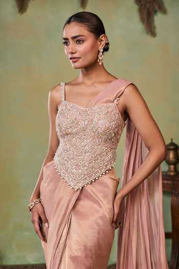 Buy_Seema Thukral_Rose Gold Satin, Tissue One Shoulder Eva Aari Embellished Saree And Blouse Set _Online_at_Aza_Fashions