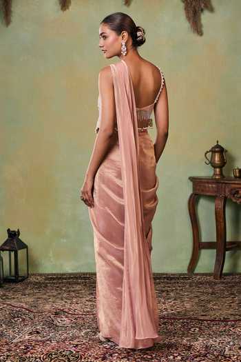 Seema Thukral_Rose Gold Satin, Tissue One Shoulder Eva Aari Embellished Saree And Blouse Set _Online_at_Aza_Fashions