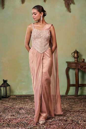 Shop_Seema Thukral_Rose Gold Satin, Tissue One Shoulder Eva Aari Embellished Saree And Blouse Set _Online_at_Aza_Fashions