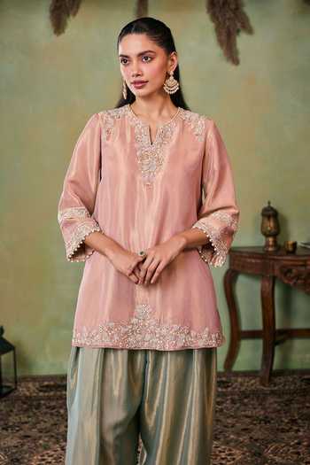 Buy_Seema Thukral_Rose Gold Satin, Tissue Split V-neck Gemma Embroidered Kurta And Salwar Set _Online_at_Aza_Fashions