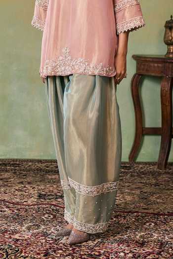 Shop_Seema Thukral_Rose Gold Satin, Tissue Split V-neck Gemma Embroidered Kurta And Salwar Set _Online_at_Aza_Fashions