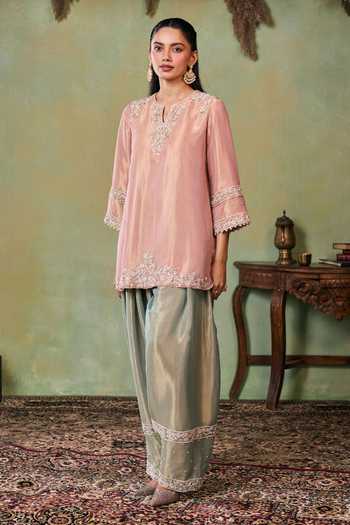 Seema Thukral_Rose Gold Satin, Tissue Split V-neck Gemma Embroidered Kurta And Salwar Set _at_Aza_Fashions