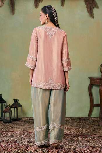 Seema Thukral_Rose Gold Satin, Tissue Split V-neck Gemma Embroidered Kurta And Salwar Set _Online_at_Aza_Fashions