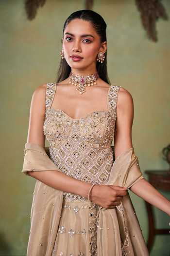 Buy_Seema Thukral_Gold Satin, Tissue Sweetheart Neck Ava Hand Work-aari Lehenga Set _Online_at_Aza_Fashions