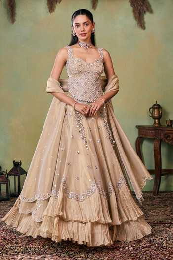 Buy_Seema Thukral_Gold Satin, Tissue Sweetheart Neck Ava Hand Work-aari Lehenga Set _at_Aza_Fashions