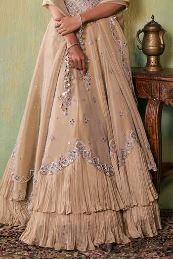 Shop_Seema Thukral_Gold Satin, Tissue Sweetheart Neck Ava Hand Work-aari Lehenga Set _Online_at_Aza_Fashions