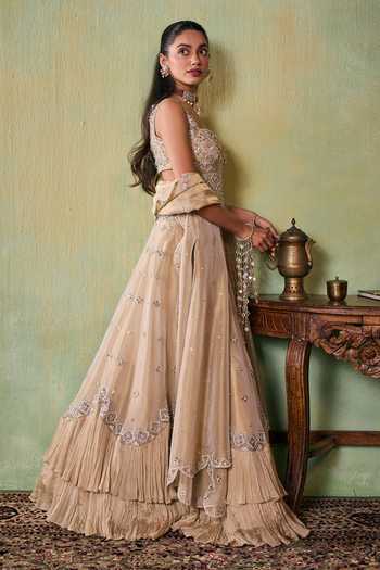 Seema Thukral_Gold Satin, Tissue Sweetheart Neck Ava Hand Work-aari Lehenga Set _Online_at_Aza_Fashions