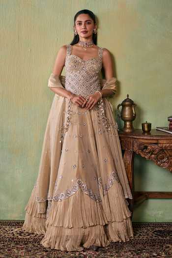 Seema Thukral_Gold Satin, Tissue Sweetheart Neck Ava Hand Work-aari Lehenga Set _at_Aza_Fashions