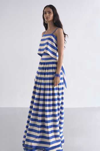 Dash And Dot_Blue Polyester Square Neck Striped Back Knotted Top And Skirt Set _Online_at_Aza_Fashions
