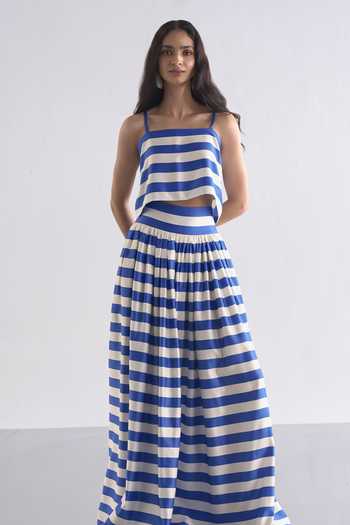 Buy_Dash And Dot_Blue Polyester Square Neck Striped Back Knotted Top And Skirt Set _Online_at_Aza_Fashions
