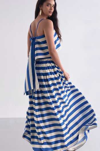 Shop_Dash And Dot_Blue Polyester Square Neck Striped Back Knotted Top And Skirt Set _at_Aza_Fashions