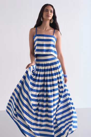 Buy_Dash And Dot_Blue Polyester Square Neck Striped Back Knotted Top And Skirt Set _at_Aza_Fashions