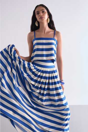 Shop_Dash And Dot_Blue Polyester Square Neck Striped Back Knotted Top And Skirt Set _Online_at_Aza_Fashions