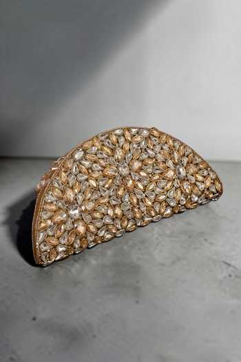 Shop_Bhavna Kumar_Gold D-shaped Kundan Clutch Bag _at_Aza_Fashions