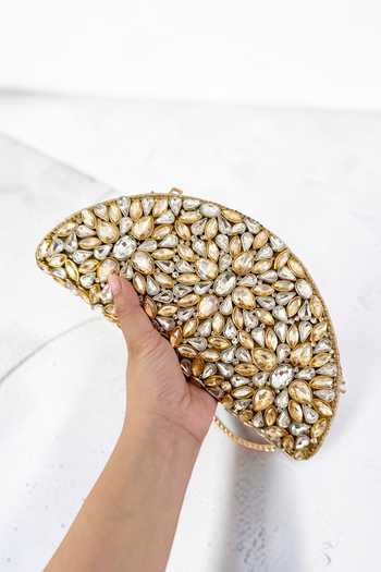Buy_Bhavna Kumar_Gold D-shaped Kundan Clutch Bag _Online_at_Aza_Fashions
