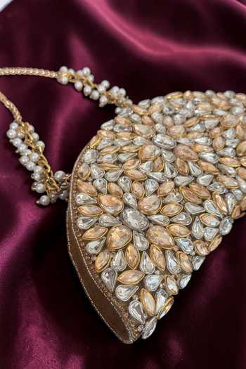 Shop_Bhavna Kumar_Gold D-shaped Kundan Clutch Bag _Online_at_Aza_Fashions