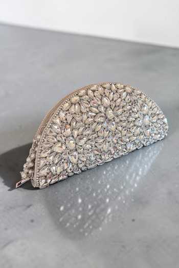 Bhavna Kumar_Silver D-shaped Velvet Kundan Clutch Bag _Online_at_Aza_Fashions