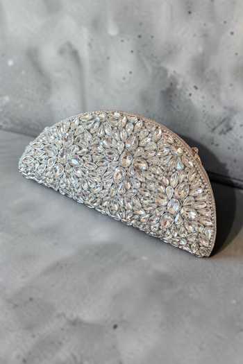 Shop_Bhavna Kumar_Silver D-shaped Velvet Kundan Clutch Bag _at_Aza_Fashions