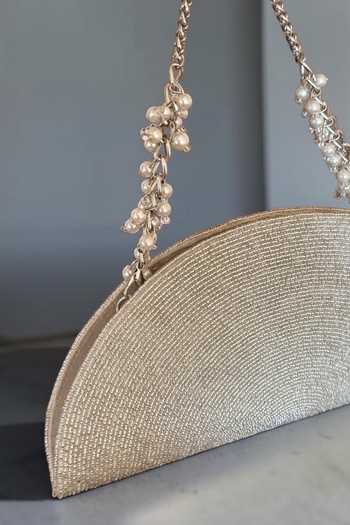 Buy_Bhavna Kumar_Silver D-shaped Velvet Kundan Clutch Bag _Online_at_Aza_Fashions