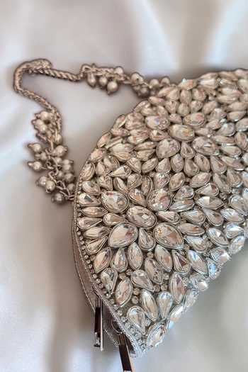 Shop_Bhavna Kumar_Silver D-shaped Velvet Kundan Clutch Bag _Online_at_Aza_Fashions